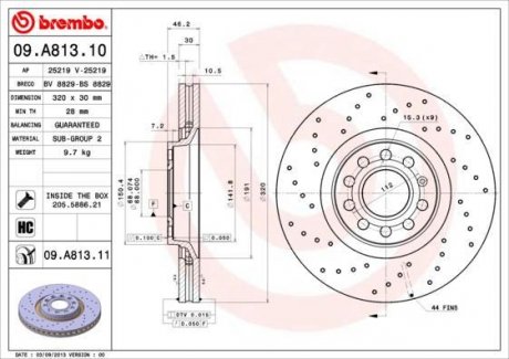 Тормозной диск перед левой/правой AUDI A4 2.0-3.2 11.04-06.08 BREMBO 09.A813.11