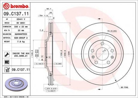 Гальмівний диск задній ліва/права (високовуглецевий; з гвинтами) AUDI A8 D3; BENTLEY CONTINENTAL; Volkswagen PHAETON 2.8-6.0ALK 04.02- BREMBO 09.C137.11