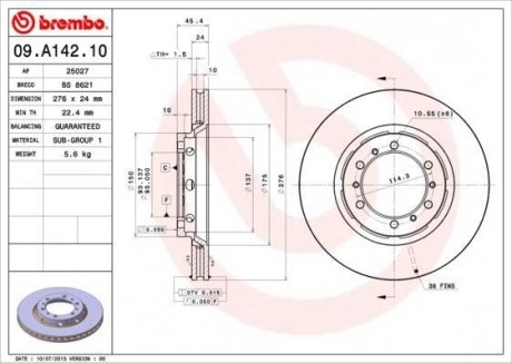 Тормозной диск перед левой/правой MITSUBISHI L 400 2.4/2.5D 05.95-06.05 BREMBO 09A14210