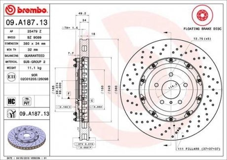 Двухчастный тормозной диск передняя левая/правая (высокоуглеродистая) NISSAN GT-R 3.8 12.07- BREMBO 09.A187.13