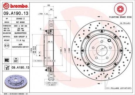 Двухчастный тормозной диск задний левая/правая NISSAN GT-R 3.8 12.07- BREMBO 09.A190.13 (фото 1)