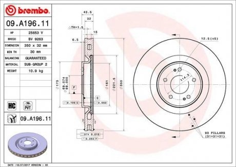 Гальмівний диск перед ліва/права MITSUBISHI LANCER VIII 2.0 06.08-06.15 BREMBO 09.A196.11 (фото 1)
