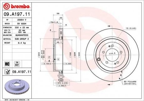 Гальмівний диск задній ліва/права MITSUBISHI LANCER VIII 2.0 06.08-06.15 BREMBO 09.A197.11 (фото 1)