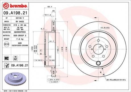 Тормозной диск передняя (высокоуглеродистый) SUBARU BRZ 2.0 06.12- BREMBO 09.A198.21