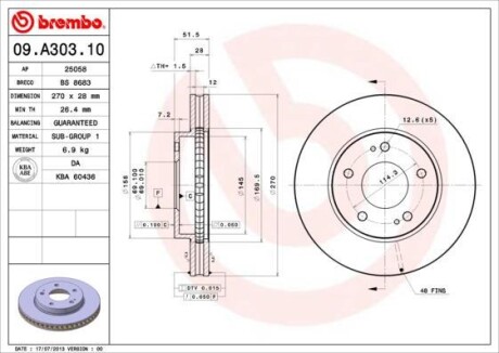 Фото автозапчасти тормозной диск перед левой/правой MITSUBISHI L 200 / TRITON 2.5D 11.05-12.15 BREMBO 09.A303.10