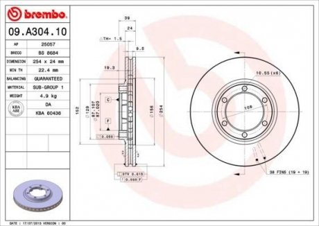Тормозной диск перед левой/правой MITSUBISHI L 200 2.0/2.5D 06.96-12.07 BREMBO 09A30410 (фото 1)