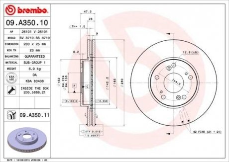 Тормозной диск передний левый/правый (280mmx25mm) HONDA ACCORD VII 2.0 (CL7)/2.0 (CM1) 02.03-05.08 BREMBO 09.A350.10