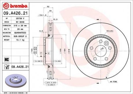 Тормозной диск передняя левая/правая (высокоуглеродистая) VOLVO S60 II, S80 II, V60 I, V70 III, XC70 II 1.5-2.4DH 04.12-12.18 BREMBO 09.A426.21 (фото 1)