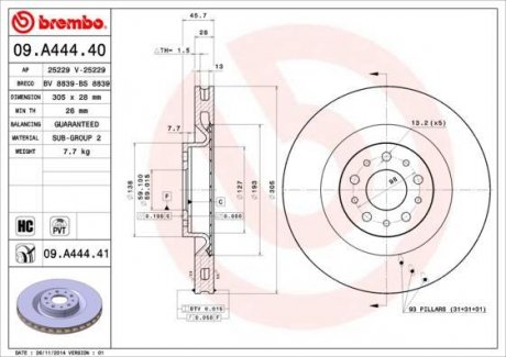 Гальмівний диск передній ліва/права (305mmx28mm) FIAT 500L, DOBLO; OPEL COMBO 1.3 CDTI/1.3 D Multijet/1.4/1.4 CNG/1.4 LPG/1.4 Natural Power/1.6 CDTI/1.6 D Multijet/2.0 CDTI/2.0 D Multijet 02.10- BREMBO 09.A444.40