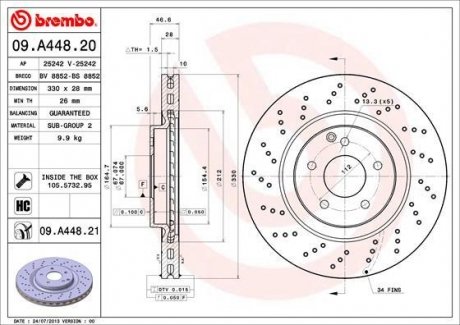 Тормозной диск перед левая/правая MERCEDES C T-MODEL (S203), C (W203), CLK (A209), CLK (C209), SLK (R171) 1.8-3.5 05.00-02.11 BREMBO 09.A448.21 (фото 1)