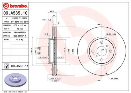 Фото автозапчастини гальмівний диск передня ліва/права TOYOTA YARIS 1.0-1.8 08.05- BREMBO 09.A535.11