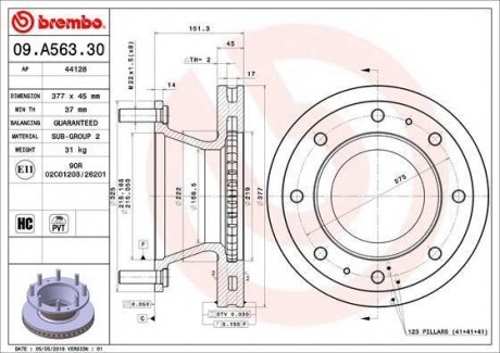Тормозной диск перед левая/правая (377mmx45mm) IVECO EUROCARGO I-III 09.00-09.15 BREMBO 09A56330