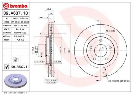 Гальмівний диск передній ліва/права (294mmx26mm) CHRYSLER SEBRING 1.8/2.0/2.0 CRD/2.0 CRD 4x4/2.0 VVT/2.2 CRD/2.2 CRD 4x4/2.4/2.4 4x4/2.4 Eco + 4x4/2.4 VVT/2.7/2.7 Flex-Fuel 06.06- BREMBO 09.A637.10 (фото 1)