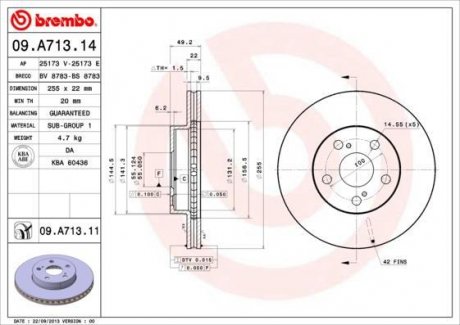 Тормозной диск передняя левая/правая TOYOTA PRIUS 1.5H 09.03-12.09 BREMBO 09.A713.11