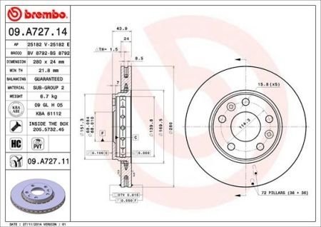 Тормозной диск передний левая/правая (280mmx24mm) DACIA DUSTER 1.2 TCe/1.2 TCe 1.2 TCe 1.2 TCe 2 130 (B9MR)/1.4 TCe (BZ0F, BZ1V) BREMBO 09.A727.14