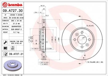Тормозной диск передняя левая/правая (высокоуглеродистая; с винтами) RENAULT CAPTUR I 1.6ALK 01.17- BREMBO 09.A727.31