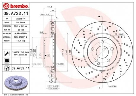 Тормозной диск перед левая/правая MERCEDES S (W221) 2.2D-3.5H 10.05-12.13 BREMBO 09.A732.11