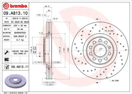 Фото автозапчасти тормозной диск перед левой/правой AUDI A4 2.0-3.2 11.04-06.08 BREMBO 09.A813.11