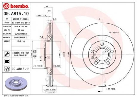 Гальмівний диск перед ліва/права AUDI A4 4.2 03.03-03.09 BREMBO 09.A815.11 (фото 1)