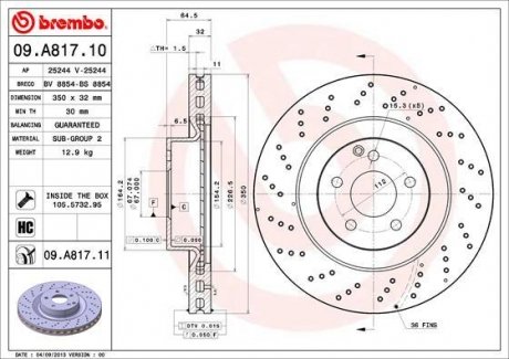 Гальмівний диск перед ліва/права MERCEDES E T-MODEL (S211), E (W211), S (C216), S (W221), SL (R230) 2.2D-5.5 10.05-12.13 BREMBO 09.A817.11 (фото 1)