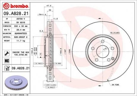 Тормозной диск перед левая/правая MERCEDES E T-MODEL (S211), E (W211) 5.0/5.5 10.03-07.09 BREMBO 09.A828.21