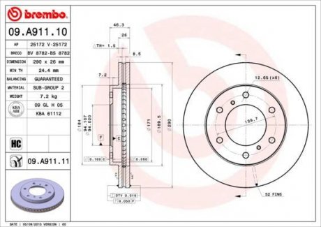 Тормозной диск передняя левая/правая (высокоуглеродистая) MITSUBISHI PAJERO IV 3.2D/3.8 10.06- BREMBO 09.A911.11