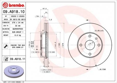Тормозной диск передний левая/правая (278mmx24mm) CHEVROLET EPICA 2.0/2.0 D/2.5 01.05- BREMBO 09.A918.10