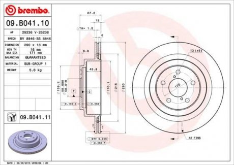 Тормозной диск задний левая/правая SUBARU IMPREZA, LEGACY IV, OUTBACK 2.0/2.5/3.0 12.00-12.09 BREMBO 09.B041.11