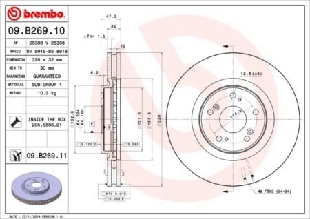 Фото автозапчасти тормозной диск (с винтами) HONDA ACCORD IX, ACCORD VIII 2.0-3.5 06.08- BREMBO 09.B269.11