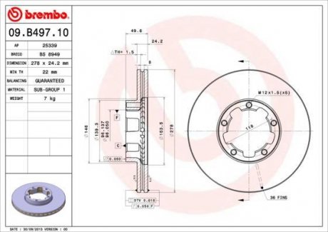 Тормозной диск передняя левая/правая INFINITI J30; NISSAN CABSTAR E 2.3D/2.7D/3.0 01.92-10.06 BREMBO 09.B497.10