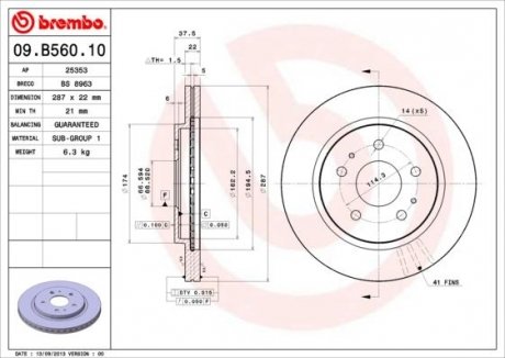Тормозной диск перед левая/правая DAIHATSU TERIOS 1.5 05.06- BREMBO 09.B560.10