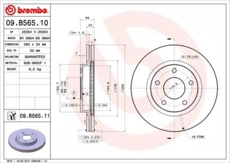 Гальмівний диск передній ліва/права (280mmx24mm) NISSAN JUKE, PULSAR 1.2 DIG-T/1.5 dCi/1.6 06.10- BREMBO 09.B565.10 (фото 1)