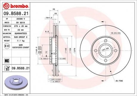 Гальмівний диск передня ліва/права (високовуглецевий) FORD FIESTA V 2.0 03.05-06.08 BREMBO 09.B588.21