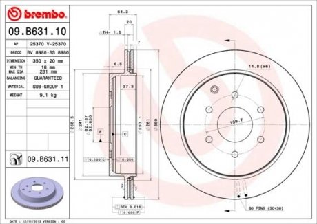 Тормозной диск INFINITI QX56; NISSAN PATROL VI 5.6 04.10- BREMBO 09.B631.11 (фото 1)