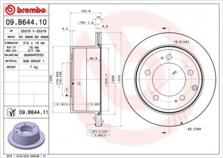 Фото автозапчастини гальмівний диск задній ліва/права TOYOTA LAND CRUISER 4.2D/4.5D 01.90- BREMBO 09.B644.11 (фото 1)