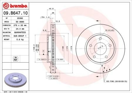 Фото автозапчасти тормозной диск перед левая/правая MITSUBISHI LANCER VIII 1.5-2.0D 01.08- BREMBO 09.B647.11 (фото 1)