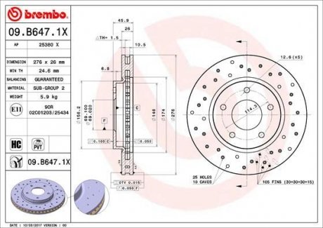 Тормозной диск, Xtra, Перфорированный, передняя, лев./прав, MITSUBISHI LANCER VIII 1.5-2.0D 01.08- BREMBO 09.B647.1X