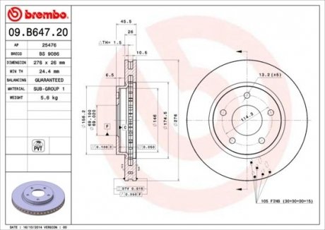 Тормозной диск перед левая/правая DODGE CALIBER 1.8-2.4 06.06- BREMBO 09.B647.21 (фото 1)