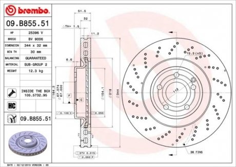 Тормозной диск перед левая/правая (высокоуглеродистая, с болтами) MERCEDES CLS (C218), CLS SHOOTING BRAKE (X218) 3.0/3.0D/3.5 01.11- BREMBO 09.B855.51