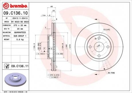 Тормозной диск перед левой/правой MAZDA MX-5 II 1.6/1.8 05.98-10.05 BREMBO 09.C136.11 (фото 1)
