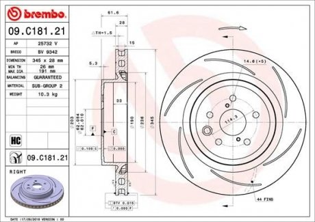 Тормозной диск задний правый LEXUS GS, RC 5.0 08.14- BREMBO 09.C181.21 (фото 1)