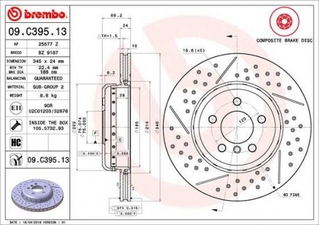 Двухчастный тормозной диск задний левая/правая (высокоуглеродистая; с винтами) BMW 3 (F30, F80), 3 (F31), 3 GRAN TURISMO (F34), 4 (F32, F82), 4 (F33, F83), 4 GRAN COUPE (F36) 1.5-3.0H 11.11- BREMBO 09.C395.13