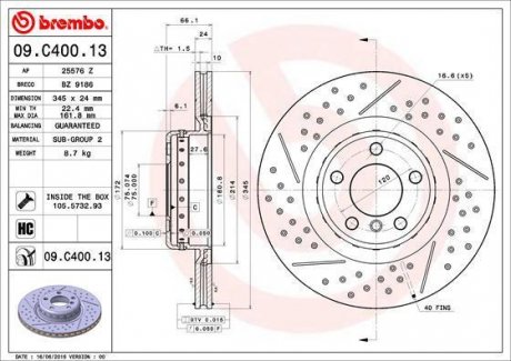 Двухчастный тормозной диск задний левая/правая BMW 1 (F20), 1 (F21), 2 (F22, F87), 2 (F23), 3 (F30, F80), 3 (F31), 4 (F32, F82), GRAN COUPE (F36) 1.5-3.0 11.10- BREMBO 09.C400.13