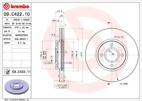 Тормозной диск перед левая/правая FORD B-MAX, FIESTA VI, TOURNEO COURIER, TRANSIT COURIER 1.0-1.6D 06.08- BREMBO 09.C422.11 (фото 1)