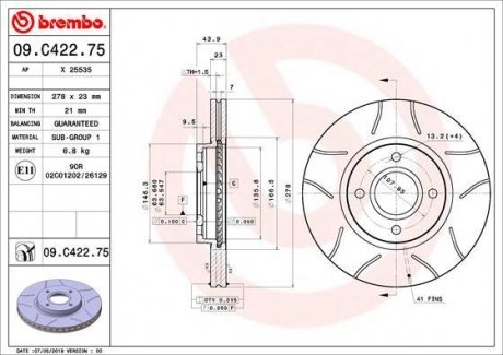 Гальмівний диск передня ліва/права FORD B-MAX, FIESTA VI, TOURNEO COURIER B460, TRANSIT COURIER B460, TRANSIT COURIER B460/MINIVAN 1.0-1.6D 06.08- BREMBO 09.C422.75 (фото 1)