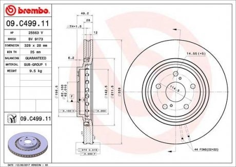 Тормозной диск передняя левая/правая LEXUS NX, RX; TOYOTA HIGHLANDER/KLUGER, RAV 4 IV 2.0-3.5H 09.07- BREMBO 09.C499.11 (фото 1)