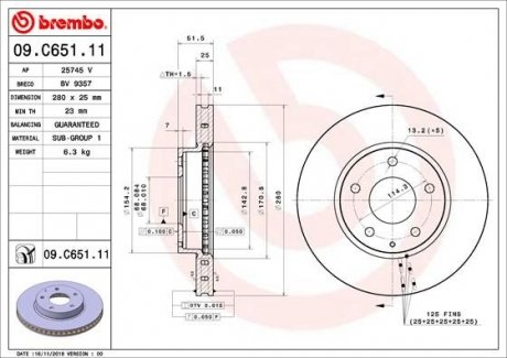 Тормозной диск передняя левая/правая MAZDA 3 1.5/2.5 09.13- BREMBO 09.C651.11