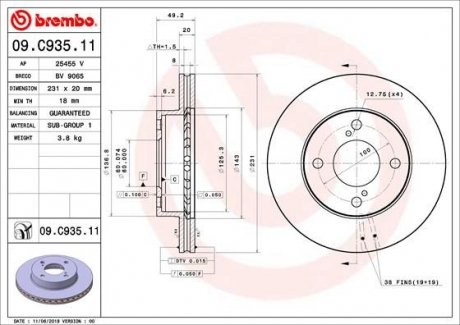 Тормозной диск передняя левая/правая SUZUKI CELERIO 1.0 03.14- BREMBO 09.C935.11 (фото 1)