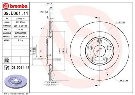 Тормозной диск задний левая/правая (высокоуглеродистая) JAGUAR F-TYPE, XJ 2.0-5.0 10.09- BREMBO 09.D061.11