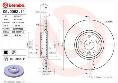 Тормозной диск передняя левая/правая JAGUAR XE 2.0/2.0D 03.15- BREMBO 09.D062.11 (фото 1)